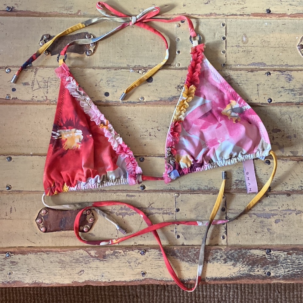 SHAN SWIM DESIGNER STRETCH FLORAL TRIANGLE STRING BIKINI TOP 8 M